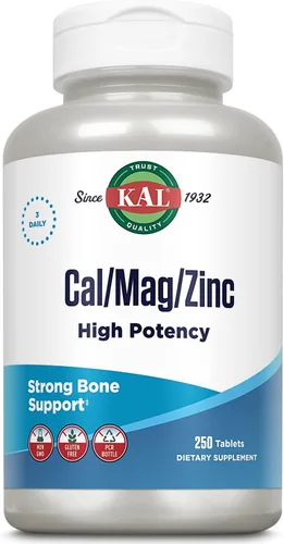 KAL Cal/Mag/Zinc | 1000 mg de calcio, 400 mg de magnesio y 15 mg de zinc | Apoyo óseo, muscular, corazón e inmunológico | 250 unidades, 83 Serv.