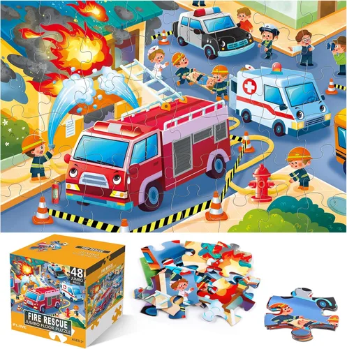 Miniatura 8 de Rompecabezas de piso jumbo para niños, rompecabezas grandes del sitio de construcción, rompecabezas de vehículos de construcción de 48 piezas