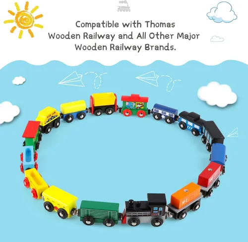Miniatura 3 de Wondertoys Juego de tren de madera de 16 piezas, incluye bolsa de almacenamiento, accesorios de pista de madera, juego de automóvil magnético