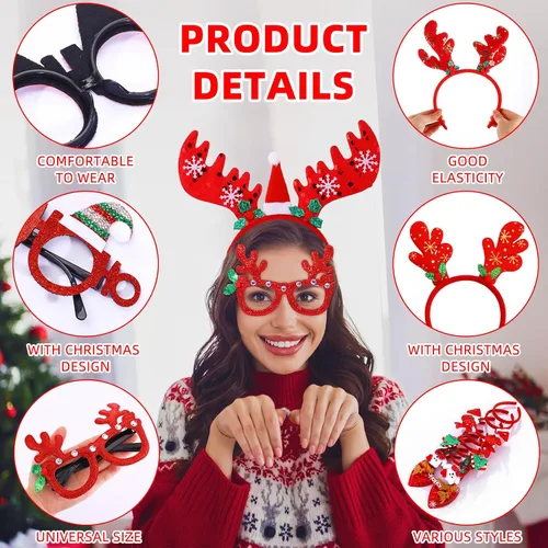 Miniatura 3 de Yunlly Juego de 100 diademas navideñas y marco de lentes, incluye 50 estilos de diademas navideñas con 50 gafas de Navidad, divertidos muñecos