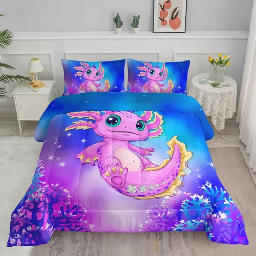 Miniatura 10 de Axolotl Juego de edredón de dibujos animados con diseño de gato de caricaturas, juego de ropa de cama con estampado de dibujos animados y escamas