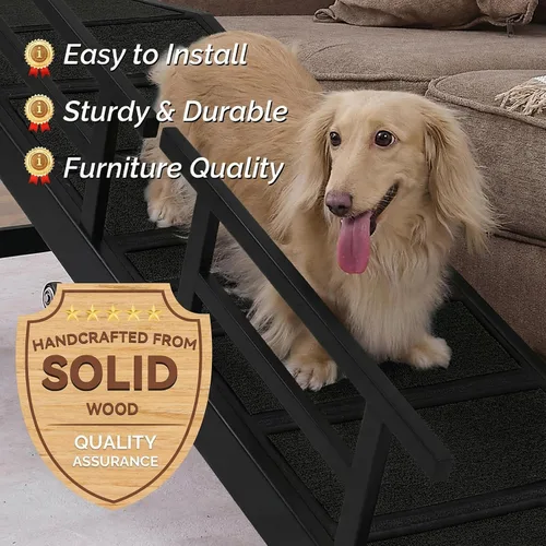 Miniatura 7 de Rampa para perros para cama o sofá, rampa de madera para mascotas con pendiente suave de 20°, rieles laterales extraíbles, superficie