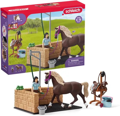 schleich Horse Club - Juego de caballos ecuestre de 19 piezas con figuras de caballo y jinete, puesto de lavado con brazo de manguera giratorio