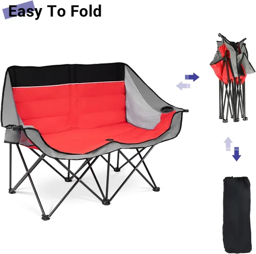 Miniatura 5 de Byliable Silla de campamento doble para exteriores, de 2 plazas, de gran tamaño, portátil, plegable, con portavasos y bolsillo de almacenamiento