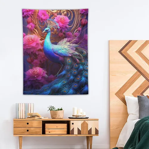 Miniatura 4 de JHION Tapiz de pavo real, hermoso tapiz de pájaro para colgar en la pared, tapices estéticos psicodélicos, arte de pared, decoración del hogar