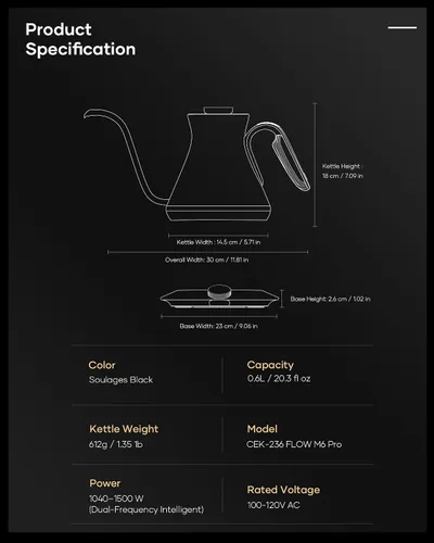 Miniatura 7 de Cocinare FLOW M6 Pro Hervidor Eléctrico de Cuello de Cisne, Control de Temperatura ±0.5℉ para Verter Café y Té, Interior de Acero Inoxidable