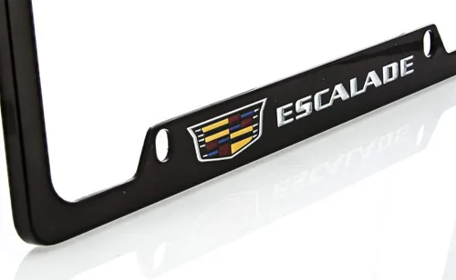 Miniatura 3 de Cadillac Escalade con marco de placa de matrícula de zinc con cresta y acabado negro brillante (4 agujeros)