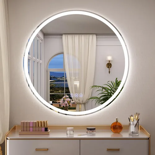 Miniatura 17 de BEAUTYPEAK Espejo de baño con arco LED de 34 x 30 pulgadas con luces, antiniebla, regulable, retroiluminado + iluminado frontal, espejo de tocador
