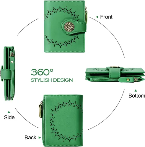 Miniatura 6 de Tipmile Billeteras pequeñas de cuero para mujer, con 2 ventanas de identificación, con bloqueo RFID, tarjetero con cremallera y bolsillo para Verde