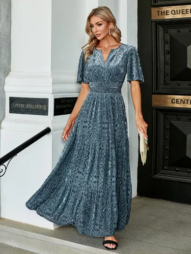 Miniatura 2 de Amegoya Vestido largo de terciopelo de manga corta con cuello en V para mujer, vestido largo formal para invitados de boda, otoño, noche, fiesta