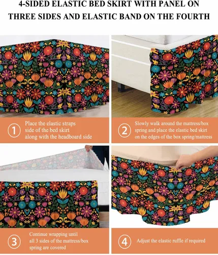 Miniatura 5 de Falda de cama floral colorida tamaño King de 18 pulgadas de caída, ajustable y elástica envolvente, plisada, con volantes de polvo de lujo para cama