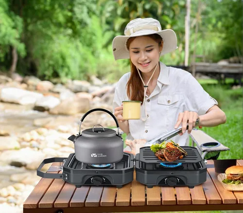 Miniatura 9 de Nice C Estufa de campamento, estufa portátil de propano para campamento, estufa de gas propano de 2 quemadores, mini parrilla de propano, estufa