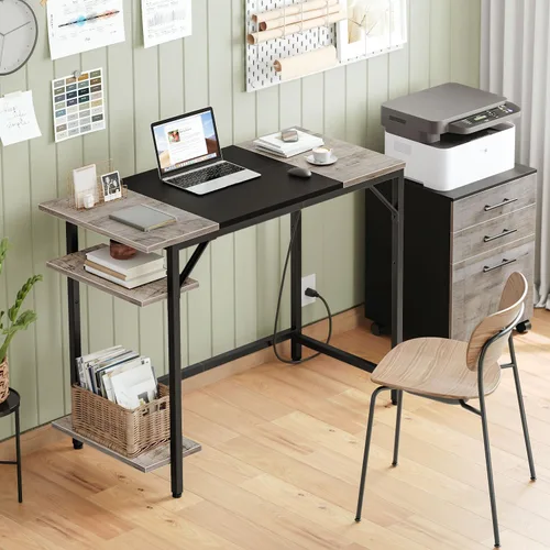 Miniatura 2 de HOOBRO Escritorio pequeño para computadora, escritorio de oficina en casa con toma de corriente, escritorio de escritura con 2 estantes, escritorio
