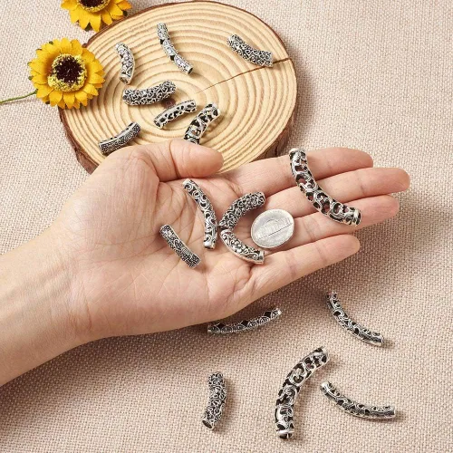 Miniatura 5 de KISSITTY 30 unids/caja de filigrana de plata antigua larga curvada tubo espaciador cuentas 0.945-2.520 in largo para hacer joyas DIY agujero Plata