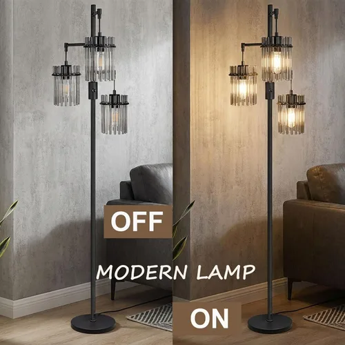 Miniatura 7 de Lámparas de Pie Industriales Modernas para Sala de Estar, Lámparas Altas de Pie de Árbol de Cristal Regulables con 3 Elegantes Cabezales de Jaula