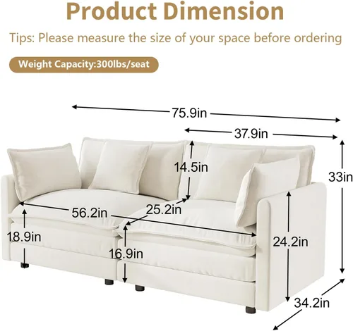Miniatura 2 de GNIXUU 76" Modular Sectional Sofa, Beige Loveseat Sofa Cloud 2 Seater Couch, Comfy Chenille Love Seats 25" Deep Seat with 2 Pillows for Small Spaces