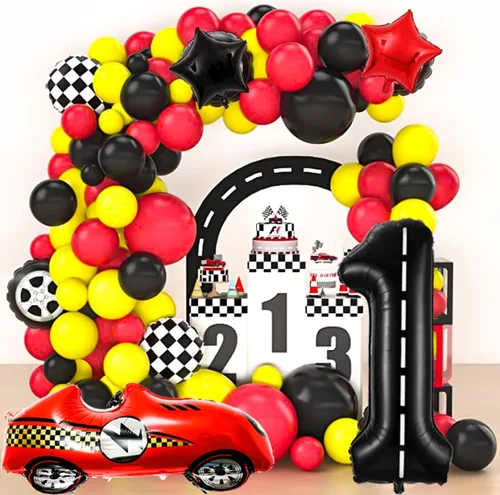 Miniatura 4 de Decoraciones de cumpleaños de carreras de 1 año, globos rojos grandes de coche de carreras de 40 pulgadas, globo negro número 1, globo a cuadros