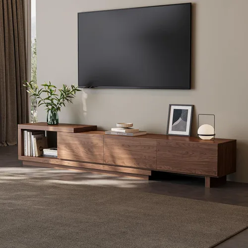 Soporte de TV extensible para televisores de 65 a 100 pulgadas, consola de entretenimiento de nogal con 3 cajones y 1 compartimento de