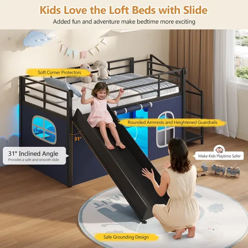Miniatura 5 de DICTAC Cama alta baja con tobogán, escalera de almacenamiento y luces LED, cama alta de metal tamaño individual con espacio de juego debajo