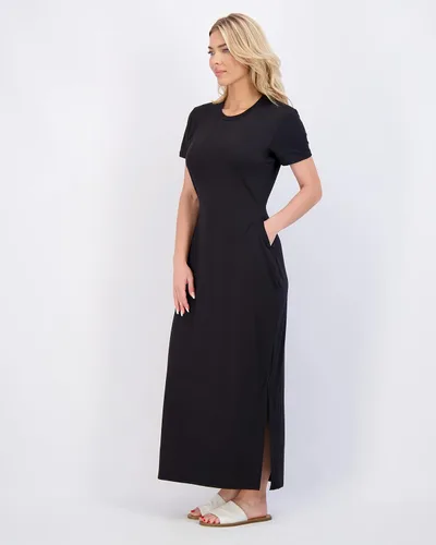 Miniatura 5 de Real Essentials Paquete de 3 Vestido largo casual de manga corta para mujer, vestido de verano con abertura y bolsillos