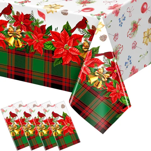 Miniatura 8 de Peryiter 2 piezas de mantel de plástico de Navidad alegre, 54 x 108 pulgadas, rojo de invierno, flor, loro, desechable, para decoración de fiesta