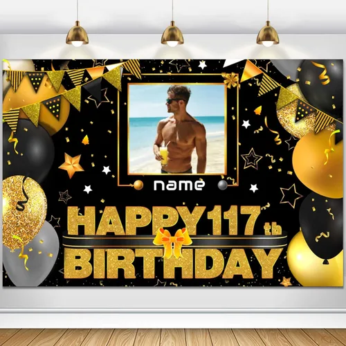 Miniatura 57 de Cartel decorativo personalizado de feliz cumpleaños número 100 - Personalización disponible - Negro y dorado - Tamaño grande - Admite fotos