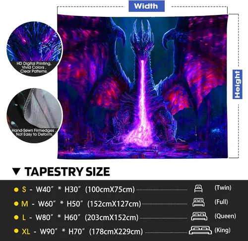 Miniatura 6 de ADDWel Tapiz de luz negra con dragón, tapiz genial de dragón malvado que brilla en la oscuridad, pósteres de luz negra reactivos a UV para colgar