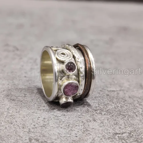 Miniatura 5 de Rose Quartz Spinner Band, Meditation Ring, 925 Sterling Silver Ring, Spinning Ring, Two Tone Ring, Fidget Ring, Handmade Jewelry, Christmas