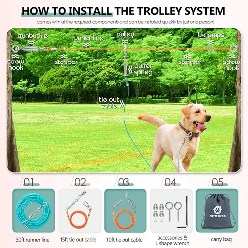 Miniatura 2 de Sistema de Trolley Profesional para Perros Corredores, Línea de Zip Resistente y Ajustable de 30 pies para Perros con Amarres de 10 y 15 pies