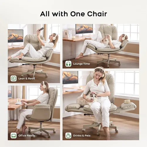 Miniatura 3 de amseatec Silla cruzada con reposabrazos y ruedas para sentarse con patas cruzadas, cómoda silla de escritorio giratoria ajustable para oficina, Crema