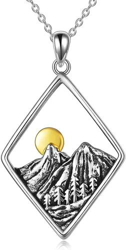YFN Collar de plata de ley con dije de onda del océano y cadena de montaña, regalo de joyería para esquiadores, excursionistas, campistas,