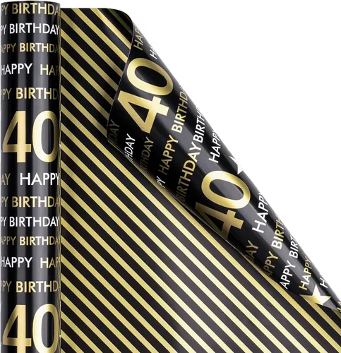 Miniatura 7 de RUSPEPA Rollo de papel de regalo reversible, mini rollo, patrón negro y dorado para cumpleaños de 40 años, ideal para cumpleaños, fiestas, baby 40