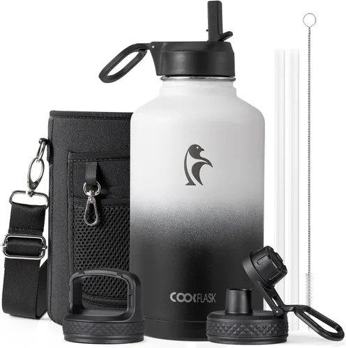Miniatura 93 de Coolflask Botella de agua de 20 onzas aislada con pajilla, 3 tapas de metal de acero inoxidable, botella de agua de boca ancha para deportes u