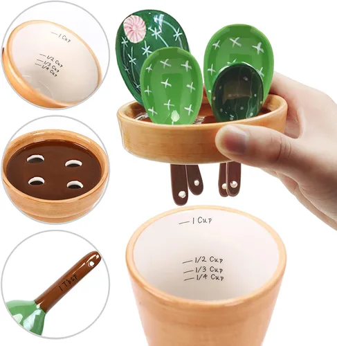 Miniatura 7 de Juego de 5 cucharas medidoras/cucharas de cerámica y taza base medidora/para ingredientes secos y líquidos, bonita forma de cactus