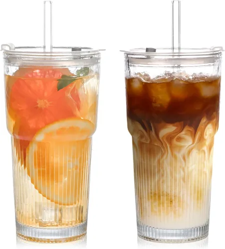 Tazas de vidrio de 20oz con tapas y pitillos, 2 piezas de tazas de vidrio con tapas y pitillos, tazas de café helado con tapa, vasos para jugo,