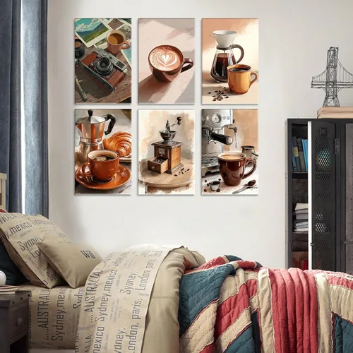 Miniatura 5 de Tucocoo Paquete de 6 pinturas por números para adultos, pintura de café por números para adultos principiantes, desayuno acogedor, kit de pintura