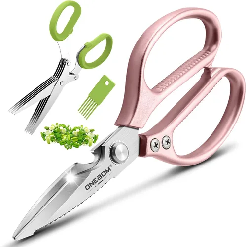 ONEBOM - Tijeras de cocina, tijeras de cocina resistentes con hoja dentada para cortar carne, alimentos, pescado, aves de corral, accesorios de Oro