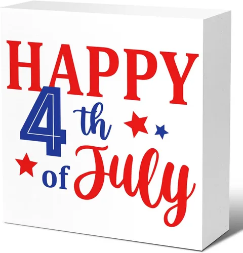 LVQHI Decoración de madera con texto en inglés «Happy 4th of July Independence Day», letrero patriótico de madera para el hogar, dormitorio,