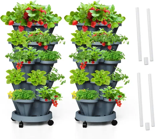 Miniatura 11 de Macetas verticales de fresa, paquete de 2 unidades, torre apilable de 5 niveles con poste de soporte, macetas apilables para hierbas y verduras