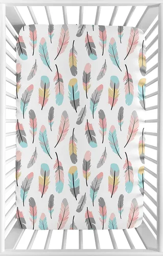 Sweet JoJo Designs Sábana bajera ajustable para cuna portátil para bebé niña coral y turquesa para colección de plumas, para mini cuna o paquete y