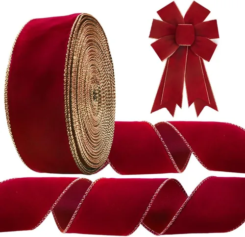 Miniatura 7 de Threetols Cinta de terciopelo rojo burdeos de 100 yardas, cinta de arpillera con bordes dorados de terciopelo rojo de 2.5 pulgadas, cinta