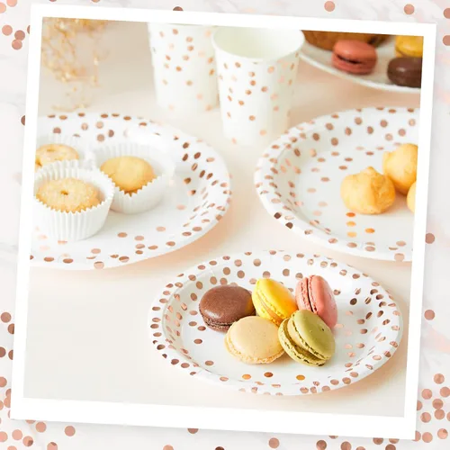 Miniatura 2 de MATICAN Platos de papel para fiestas, paquete de 100 platos desechables blancos y oro rosa, lunares de papel de aluminio, 9 pulgadas Dorado