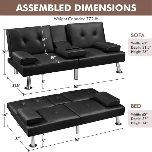 Miniatura 3 de Yaheetech Sofá Cama Convertible Sillón Reclinable Ajustable Moderno de Cuero Sintético Sofá de Dos Plazas Reversible Cama Plegable Tipo Diván