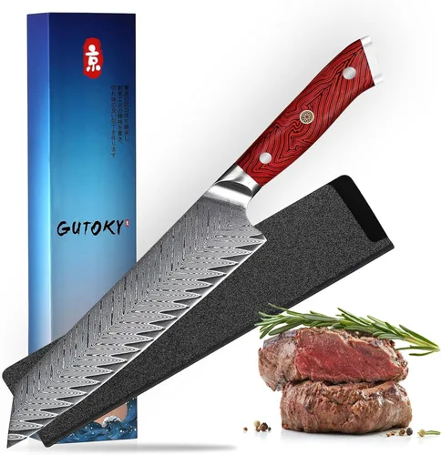 Miniatura 10 de Cuchillo Nakiri de 7 pulgadas, cuchillo de acero de Damasco con hoja de patrón de plumas, mango G10 de espiga completa, cuchillo vegetal profesional
