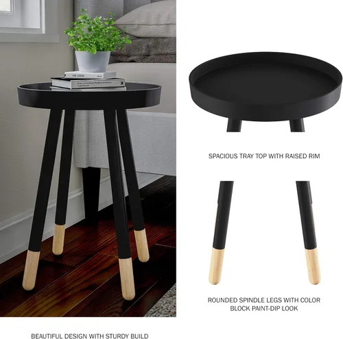 Miniatura 4 de Lavish Home - Mesa auxiliar redonda, soporte moderno de madera de mediados de siglo de 2 tonos con bandeja superior para guardar bebidas