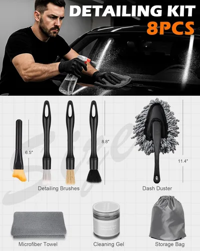 Miniatura 6 de Juego de 8 cepillos para detalles de automóvil, kit de limpieza interior del automóvil con plumero de salpicadero, 4 cepillos de detalles