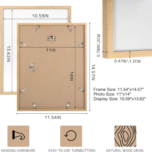 Miniatura 2 de Barydat Paquete de 6 portarretratos de madera de 11 x 14 pulgadas, madera maciza de roble natural, decoración de pared de galería y mesa