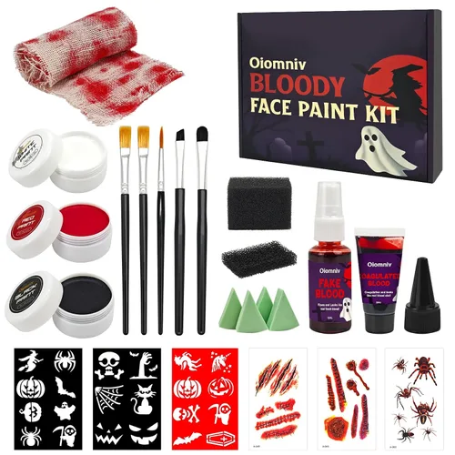 Miniatura 8 de Oiomniv Kit de pintura facial a base de agua, negro, blanco, rojo, con 5 pinceles, 4 esponjas, 2 calcomanías, maquillaje SFX para adultos