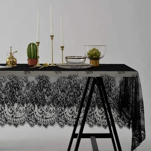Mantel de encaje vintage, protector de mesa bordado floral de color sólido, a prueba de polvo, para decoración de mesa, fiesta, hotel, color negro,