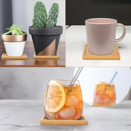 Miniatura 6 de Cosmos 4 piezas de platillo de bambú para suculentas, bandeja de drenaje con borde elevado para macetas pequeñas de 3.5 pulgadas (forma cuadrada)